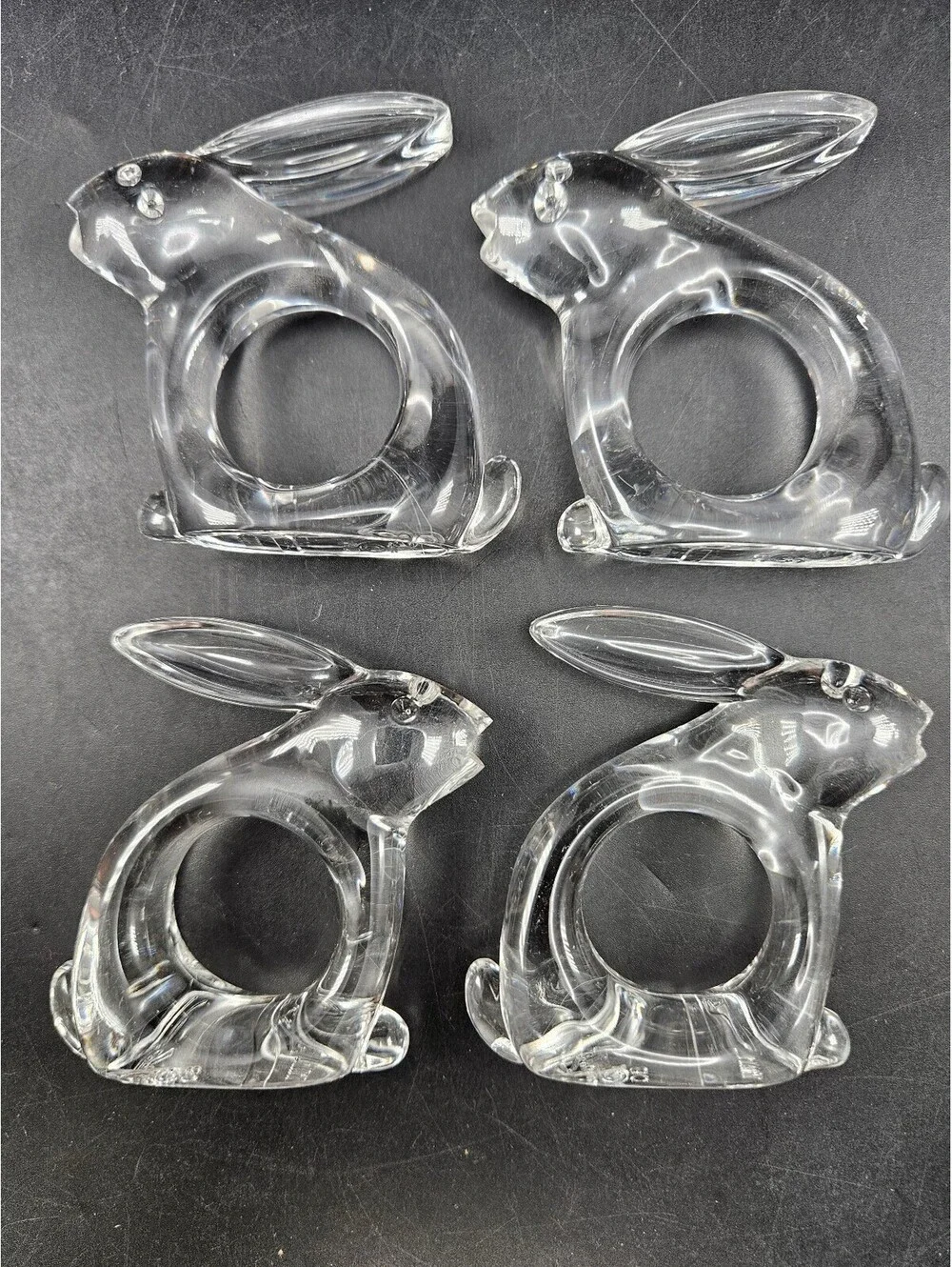 4 Bijan 1980 Clear Lucite Bunny Rabbit Napkin Rings MCM Woodland Table Decor